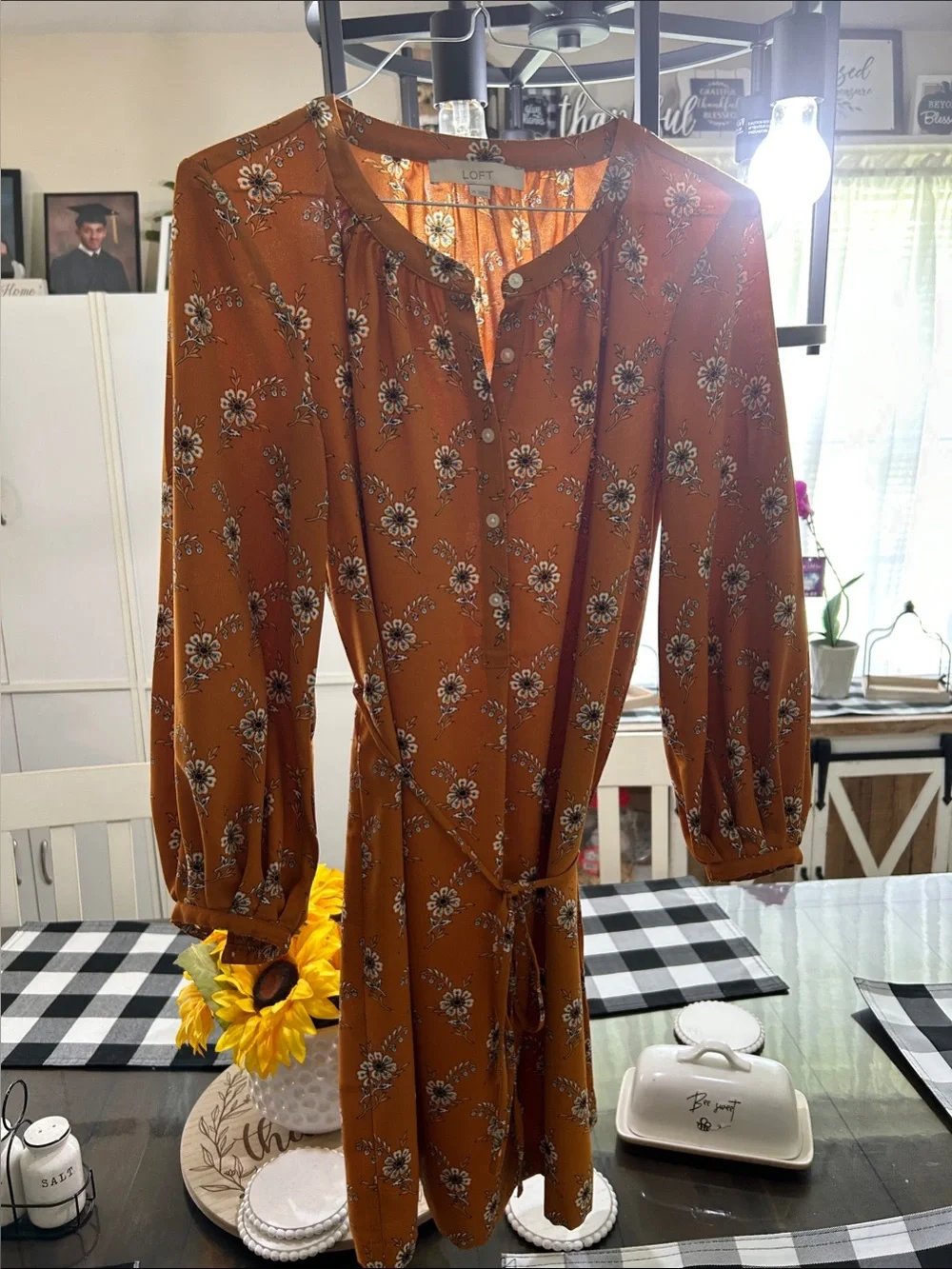 LOFT Rust Floral Tie-Waist Mini Dress - Picture 1 of 4